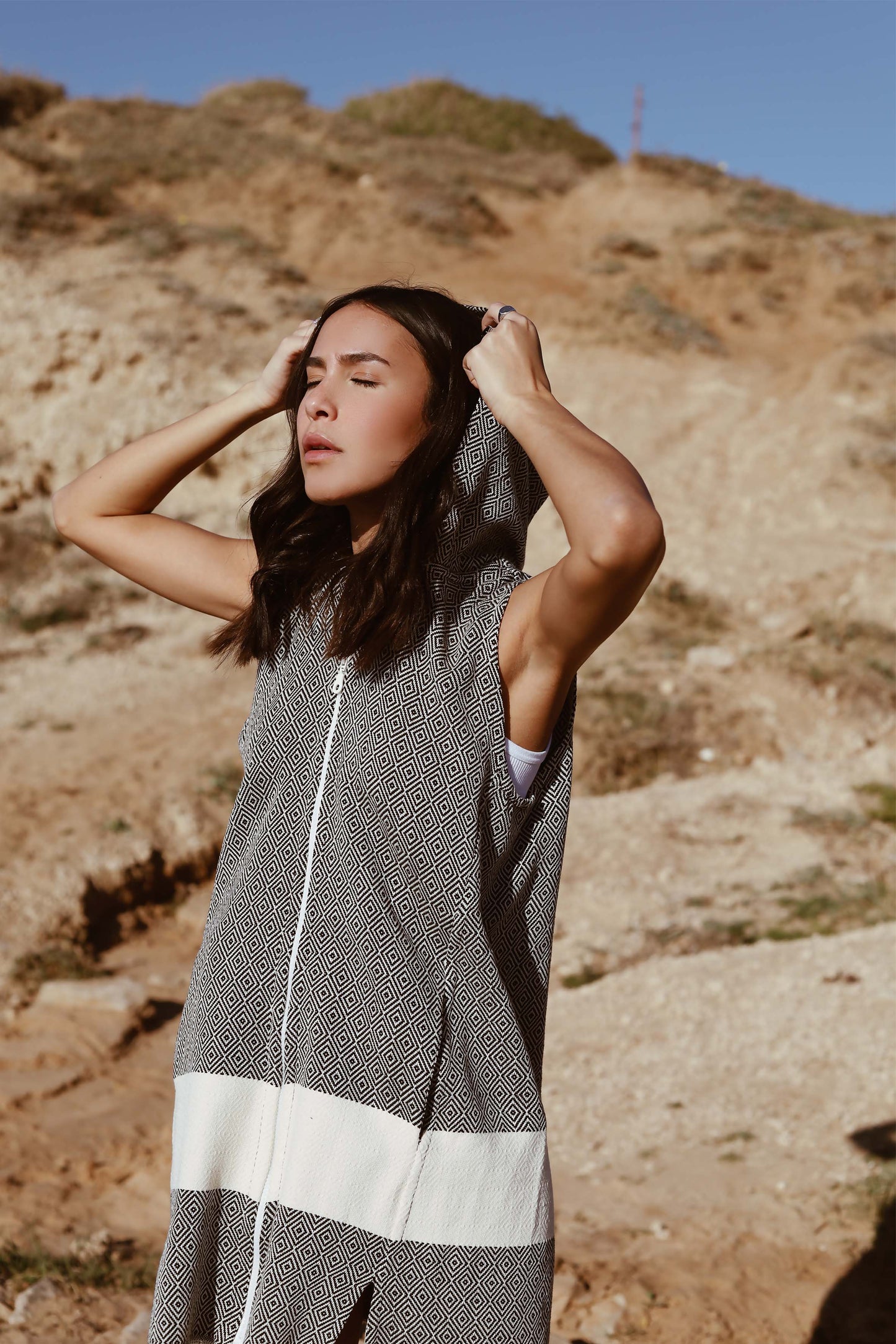 Cover Up Beachwear Hooded Towel Women Black And White